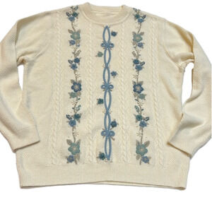 Vintage Blue Floral Embroidery Cream Cable Knit Sweater